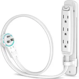Maximm 360 Degree Rotating Flat Extension Cord 1 Ft Multi 3 Outlet Power Cord with Mounting Bracket, Grounded 16 AWG UL Certified, White