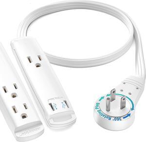 Maximm Extension Cord with USB Ports 1FT, 360° Rotating Flat Plug Extension Cord, 3-Outlet with USB Ports (2 Ports), 3 Prong Extension Cord, Grounded Extension Cord (White) UL Certified