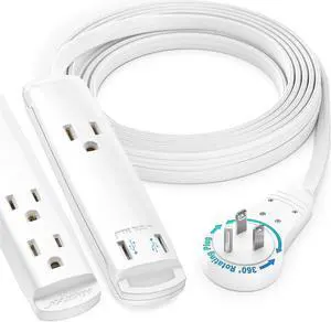 Maximm Extension Cord with USB Ports 10FT, 360° Rotating Flat Plug Extension Cord, 3-Outlet with USB Ports (2 Ports), 3 Prong Extension Cord, Grounded Extension Cord (White) UL Certified