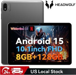 Headwolf Android 15 Tablet 10 Inch Tablets, WPad6 Octa Core FHD 1920 * 1200 Incell Display Android Tablet, 8GB RAM + 128GB ROM, Widevine L1 Support, Wireless Projection, Dual Cameras, 6000mAh