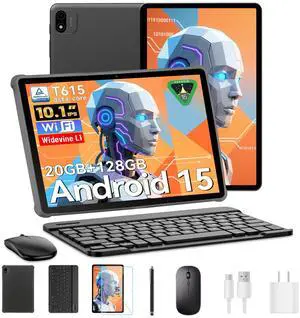 Alphawolf Latest Android 15 Tablets Computer Set with keyboard, Wi-Fi Model 10.1 Inch Octa-core CPU T615, 20GB (8+12 Virtual), 128GB ROM, Widevine L1, Stereo Speaker, 6000mAh, 5MP+8MP Dual Camera