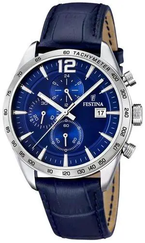 Festina Timeless Chronograph Leather Strap Blue Dial Quartz F16760-3 Men's Watch