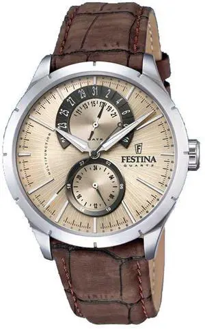 Festina Retro Leather Strap Multifunction Beige Dial Quartz F16573-9 Men's Watch