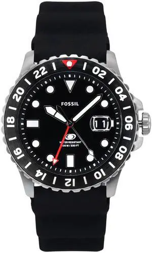 Fossil Blue GMT Silicone Strap Analog Black Dial Quartz FS6036 100M Mens Watch
