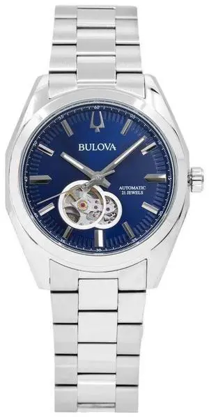 Bulova Classic Surveyor Stainless Steel Blue Open Heart Dial 96A275 Mens Watch