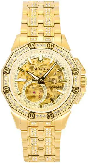 Bulova Octava Crystal Accents Gold Dial Dress Automatic Men's Watch 98A292