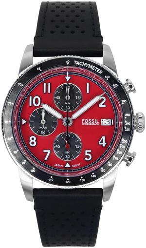 Fossil Sport Tourer Chronograph Leather Strap Red Dial Quartz FS6086 Men's Watch