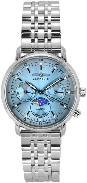 Zeppelin LZ 14 Marine Moon Phase Ladies Watch Z8637M3 Day/Date 1 Jewel Stainless Steel Blue Dial 50M