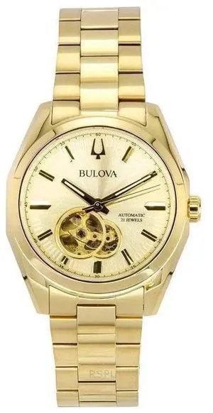 Bulova Surveyor Open Heart Men's Watch 21 Jewels Automatic 97A182 Gold Tone Stainless Steel Champagne Dial 30M