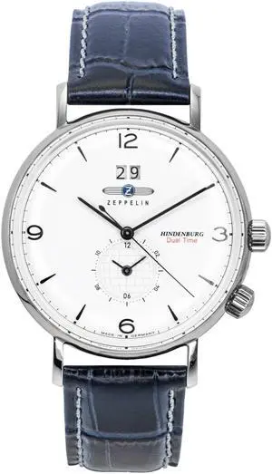 Zeppelin Hindenburg Blue Leather Strap White Dial Quartz 80441 Men's Watch