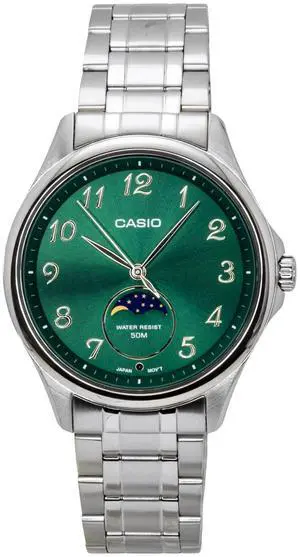 Casio Standard Analog Moon Phase Stainless Steel Green Dial Quartz MTP-M110D-3AV Men's Watch Casio Standard Analog Moon Phase Stainless Steel Green Dial Quartz MTP-M110D-3AV Men's Watch