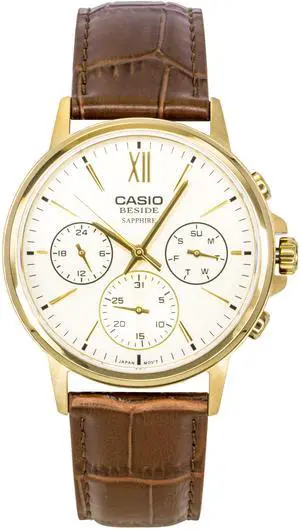 Casio Beside Analog Leather Strap Gold Dial Quartz BMS-300GL-5AV Men's Watch Casio Beside Analog Leather Strap Gold Dial Quartz BMS-300GL-5AV Men's Watch