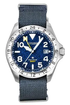 Citizen Promaster Land GMT Analog Grey Nylon Strap Navy Blue Dial Eco-Drive Diver's BJ7150-09L 200M Men's Watch Citizen Promaster Land GMT Analog Grey Nylon Strap Navy Blue Dial Eco-Drive Diver's BJ7150-09L 200M Men's Watch