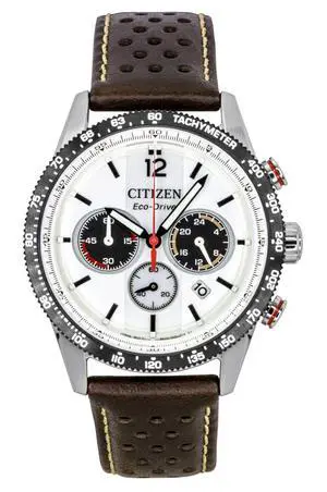 Citizen Eco-Drive Chronograph Analog Brown Leather Strap White Dial Solar CA4714-04A 100M Men's Watch Citizen Eco-Drive Chronograph Analog Brown Leather Strap White Dial Solar CA4714-04A 100M Men's Watch