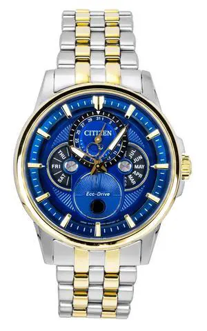 Citizen Calendrier Moonphase Two Tone Stainless Steel Blue Dial Eco-Drive BU0054-52L 100M Men's Watch Citizen Calendrier Moonphase Two Tone Stainless Steel Blue Dial Eco-Drive BU0054-52L 100M Men's Watch