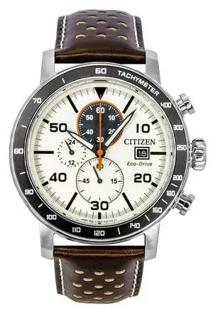 Citizen Brycen Chronograph Brown Leather Strap Ivory Dial Eco-Drive CA0649-06X 100M Men's Watch Citizen Brycen Chronograph Brown Leather Strap Ivory Dial Eco-Drive CA0649-06X 100M Men's Watch