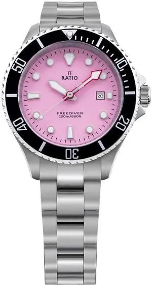 Ratio FreeDiver Sapphire Crystal Stainless Steel Candy Pink Dial Quartz RTFL809 200M Ladies Womens Watch