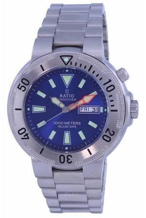 Ratio FreeDiver Blue Dial Stainless Steel Quartz 1000 Meters Helium-Safe 1050HA93-12V-BLU Mens Watch