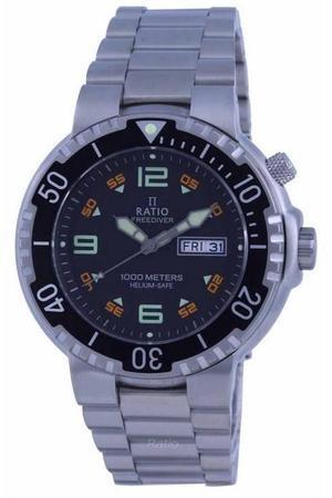 RATIO FreeDiver Black Dial Stainless Steel Quartz 1000 Meters Helium-Safe 1050HA93-19V-BLK Mens Watch