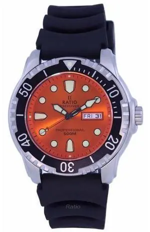 RATIO FreeDiver Orange Dial PU Strap Quartz Professional 500M 48HA90-02-ORG Mens Watch RATIO FreeDiver Orange Dial PU Strap Quartz Professional 500M 48HA90-02-ORG Mens Watch