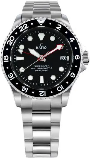 RATIO FreeDiver GMT Series Sapphire Crystal Stainless Steel Black Dial Automatic RTF051 200M Mens Watch