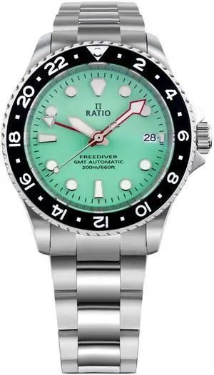 RATIO FreeDiver GMT Series Sapphire Crystal Stainless Steel Green Dial Automatic RTF059 200M Mens Watch RATIO FreeDiver GMT Series Sapphire Crystal Stainless Steel Green Dial Automatic RTF059 200M Mens Watch