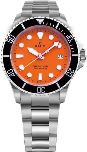 RATIO FreeDiver Sapphire Crystal Stainless Steel Orange Dial Quartz RTF035 200M Mens Watch
