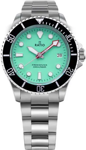 RATIO FreeDiver Sapphire Crystal Stainless Steel Green Dial Quartz RTF039 200M Mens Watch