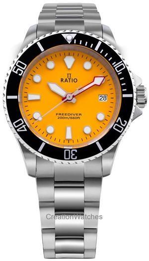 RATIO FreeDiver Sapphire Crystal Stainless Steel Yellow Dial Quartz RTF034 200M Men's Watch