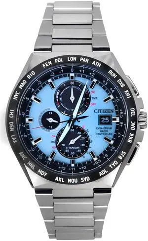 Citizen Eco-Drive GMT Chronograph Light Blue Dial 100M Men's Watch AT8238-84M