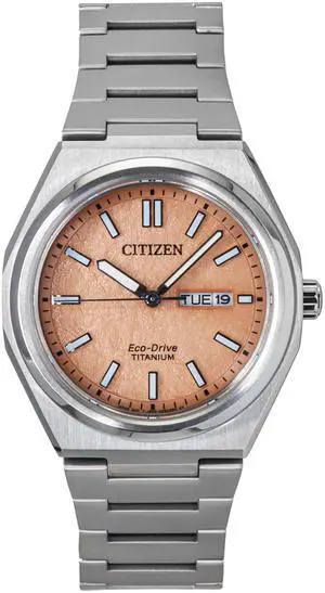 Citizen Zenshin Super Titanium Salmon Dial Eco-Drive AW0130-85Z 100M Men's Watch