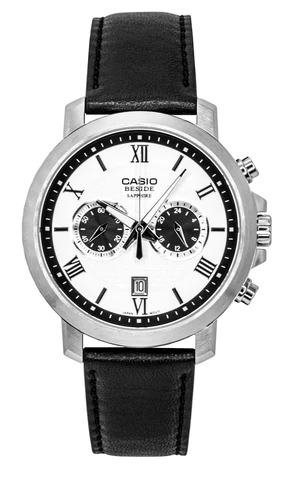 Casio Beside Chronograph Analog Leather Strap White Dial Quartz BMS-500L-7A Men's Watch Casio Beside Chronograph Analog Leather Strap White Dial Quartz BMS-500L-7A Men's Watch