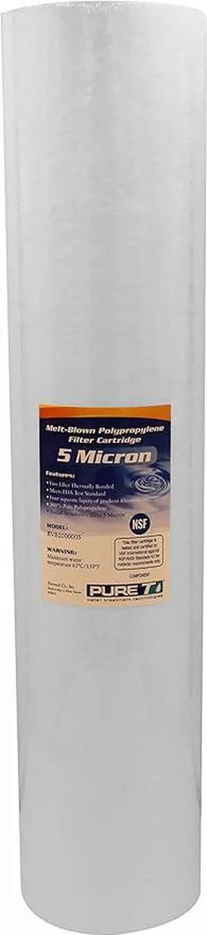 PureT BVB2000005 20x4.5" Water Sediment Filter - NSF Certified - Spun Poly Filter Removes Sediment and Other Organic Debris (5 u Micron Rated)