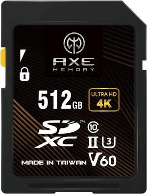 AXE MEMORY SD Card 512GB V60, 245MB/s UHS-II U3 4K Ultra Full HD, Professional Grade SDXC Memory Card