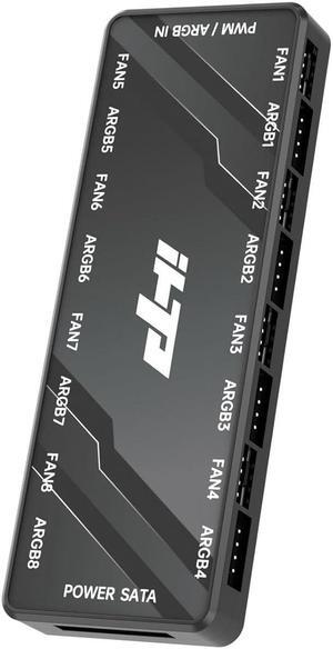 iHTP Fan Hub/Splitter Controller 12V 4Pin PWM & 5V 3Pin ARGB 2-in-1 Total 16 Ports, SATA Power, Hidden Magnetic Base