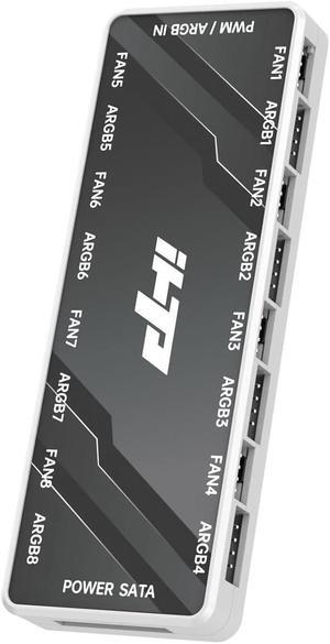 iHTP Fan Hub/Splitter Controller 12V 4Pin PWM & 5V 3Pin ARGB 2-in-1 Total 16 Ports, SATA Power, Hidden Magnetic Base White