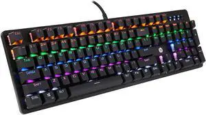 HP GK100 Mechanical Gaming Keyboard, 50 million key life, height adjustment, mechanical switches, BLUE switch, USB wired, RGB backlit