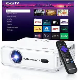 Aurzen Roku TV Smart Projector with Wifi and Bluetooth, Roku Streaming Experience Built-in, 1080P FHD, DoIby Audio, Auto Focus & Keystone, Zoom, Movie Portable Outdoor Mini Projector, White Aurzen Roku TV Smart Projector with Wifi and Bluetooth, Roku Streaming Experience Built-in, 1080P FHD, DoIby Audio, Auto Focus & Keystone, Zoom, Movie Portable Outdoor Mini Projector, White