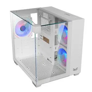 YEAH MAGIC Gaming computer sea view room three sides glass, no column, support MATX, With 3 RGB fans, 3D panoramic view, left and right compartments Gaming desktop Case,White