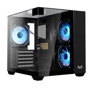 YEAH MAGIC Gaming computer sea view room three sides glass, no column, support MATX, With 3 RGB fans, 3D panoramic view, left and right compartments Gaming desktop Case,Black
