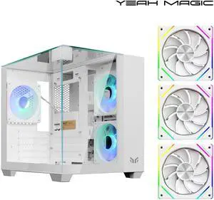 YEAH MAGIC CUBE Gaming computer sea view room three sides glass, no column, support MATX, ITX,With 3 RGB fans, 3D panoramic view, left and right compartments Gaming desktop Case,White