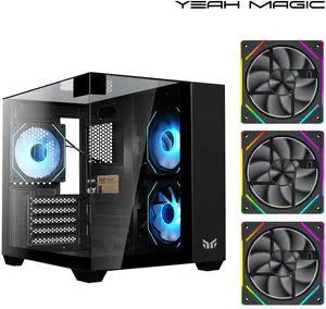 YEAH MAGIC CUBE Gaming computer sea view room three sides glass, no column, support MATX, With 3 RGB fans, 3D panoramic view, left and right compartments Gaming desktop Case,Black