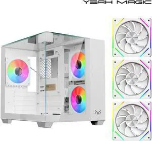 YEAH MAGIC CUBE Gaming computer sea view room three sides glass, no column, support MATX, ITX,With 3 RGB fans, 3D panoramic view, left and right compartments Gaming desktop Case,White