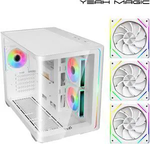 YEAH MAGIC Biforst Mid-Tower PC Gaming Case, High-Airflow,ARGB light strip, Sturdy One-piece curved curved glass,With 3 RGB fans,Gaming Computer Case for Micro-ATX/ITX Motherboard, White