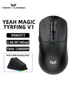 YEAH MAGIC Tyrfing V1 Wireless Gaming Mouse with RGB Charging Dock, 12K DPI,  59g Ultra-Lightweight, Tri-Mode Connectivity, 300mah Battery, Ergonomic, 1K Report Rate, With Magnetic Dock,Black