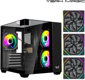 YEAH MAGIC CUBE Gaming computer Case,Tempered Glass,Three-sided transparent, support MATX, With 3 RGB fans, 3D panoramic view, left and right compartments Gaming desktop Case,Black