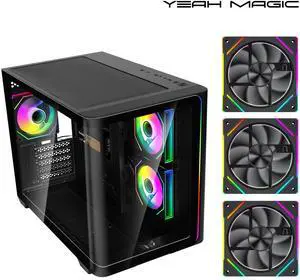 YEAH MAGIC Biforst Mid-Tower PC Gaming Case, High-Airflow,ARGB light strip, Sturdy One-piece curved curved glass,With 3 RGB fans,Gaming Computer Case for ATX/Micro-ATX/ITX Motherboard, Black