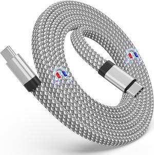 Magtame USB C Cable, Magnetic USB C to USB C Cable 60W(3A), Flat Coiled USB C Charger Cable, Nylon Braided Type C Fast Charging Cord Compatible for Samsung Galaxy, iPad, USB C Device Silver 5 ft.