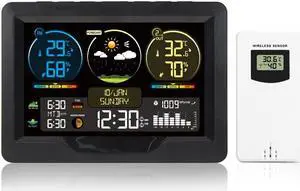 DURFICST Weather Station, FJ3383M Smart Weather Station with Clock Indoor Outdoor Temperature and Humidity Meter Multifunctional Large Color Screen Weather Clock Temperature Gauge