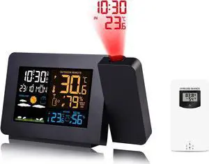 DURFICST Projection Alarm Clock with Outdoor Sensor, Personal Weather Station for Bedroom, Dimmable Projector, Dual Alarm, LCD Display, Date, Time, Temperature, Humidity